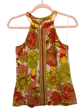 Trina Turk Retro Floral 100% Silk Halter Top
